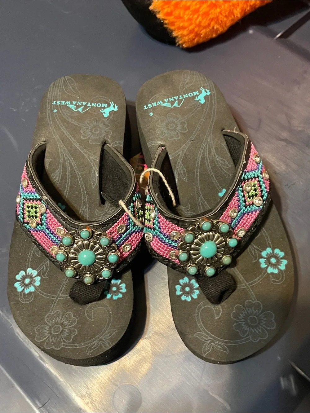 New Beaded Turquoise Rhinestone Concho Kids Flip Flops - Pink/Teal sizes S- L